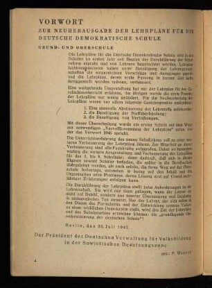 Vorwort zur Neuherausgabe der Lehrpläne für die Deutsche Demokratische Schule