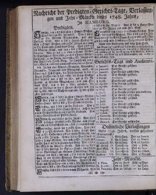 Nachricht der Predigten, Gerichts-Tage, Verlassungen und Jahr-Märckte dieses 1748. Jahrs, In Hamburg.