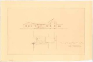 Gärtnerei Karl Foerster, Potsdam-Bornim Erweiterung der Büroräume: Bürogebäude, Vorentwurf: Ansicht (Zeichnung des Architekten)