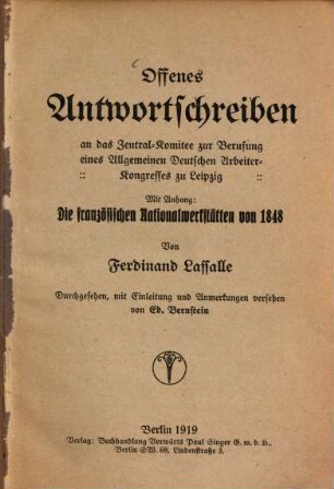 Offenes Antwortschreiben an das Zentral-Komitee zur Berufung eines allgemeinen deutschen Arbeiter-Kongresses in Leipzig