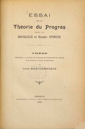 Essai sur la théorie du progrès dans la sociologie de Herbert Spencer