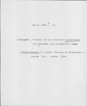 Alter Realkatalog (1501-1952), Teil Bayern, Arnschwang. Arnschwang - BSB Cbm Cat. 805(1 b Arnschwang