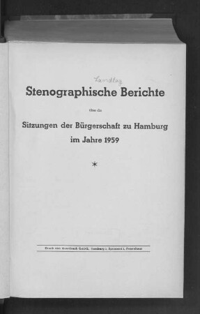 1959: Stenographischer Bericht über die ... Sitzung // Bürgerschaft der Freien und Hansestadt Hamburg