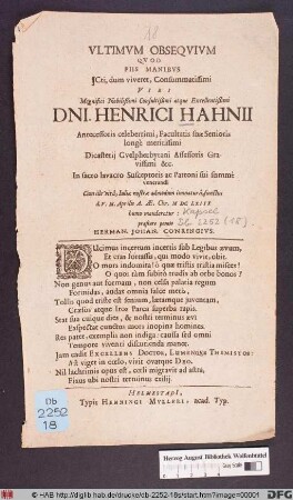 Ultimum Obsequium Quod Piis Manibus ICti ... Dn. Henrici Hahnii ... mandaretur: praestare posuit Herman. Johan. Conringius