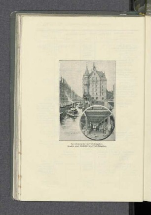 Speichergruppe im Freihafengebiet. Inneres eines Speichers im Freihafengebiet.