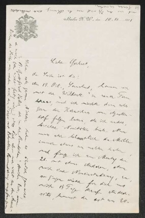 Brief von Otto Brahm an Gerhart Hauptmann