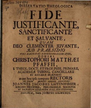 Diss. theol. de fide iustificante, sanctificante et salvante