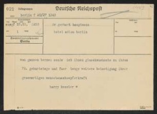 Brief von Harry Kessler an Gerhart Hauptmann