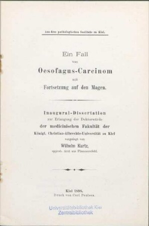 Ein Fall von Oesofagus-Carcinom mit Fortsetzung auf den Magen