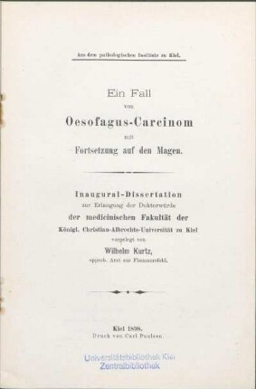 Ein Fall von Oesofagus-Carcinom mit Fortsetzung auf den Magen