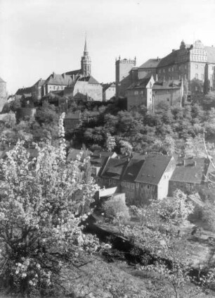 Bautzen. Spreetal und Stadtteil Unterm Schloß gegen Ortenburg und Dom St. Petri. Blick vom Hang des Protschenberges nach Nordost