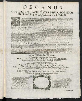 Decanus Et Collegium Facultatis Philosophicae In Perantiqua Academia Tubingensi L. S.