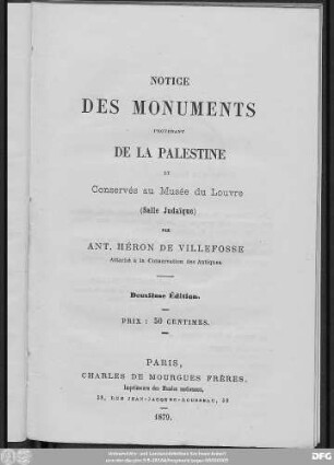 Notice des monuments provenant de la Palestine et conservés au Musée du Louvre : (Salle judaïque)