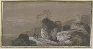Hohlweg zwischen Felsen, rechts zwei Hütten, auf dem Weg ein Reiter mit Begleiter zu Fuß