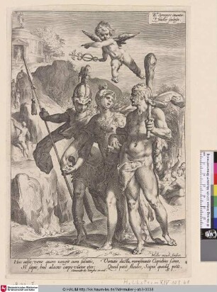 [Herkules, dem die gebirgige Straße zum Tempel der unsterblichen Berühmtheit in Begleitung von Minerva und Mars gezeigt wird; Hercules being shown the mountainous road to the temple of immortal fame in the company of Minerva and Mars]