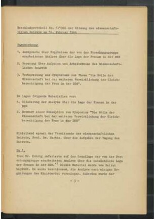 Beschlußprotokoll Nr. 1/1966 der Sitzung des wissenschaftlichen Beirats am 16. Februar 1966