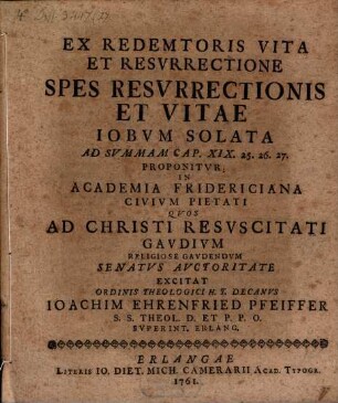 Ex Redemtoris Vita Et Resvrrectione Spes Resvrrectionis Et Vitae Iobvm Solata