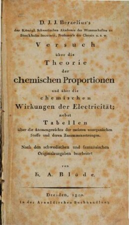 Versuch über die Theorie der chemischen Proportionen ... : Nebst Tabellen