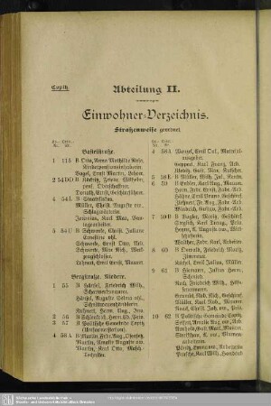 Abteilung II. Häuserbuch : Abteilung II. Einwohner-Verzeichnis. Straßenweise geordnet.