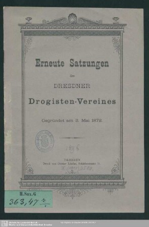 Erneute Satzungen des Dresdner Drogisten-Vereines : gegründet am 3. Mai 1872