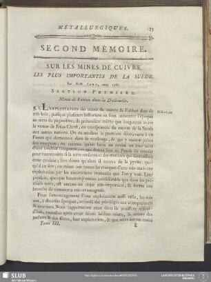 Second Mémoire. Sur Les Mines De Cuivre Les Plus Importantes De La Suede