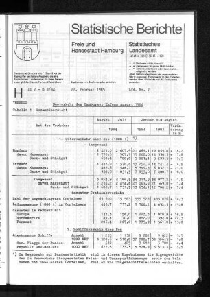Seeverkehr des Hamburger Hafens August 1984 : Lfd. Nr. 7