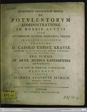 Dissertatio Inauguralis Medica De Potulentorum Administratione In Morbis Acutis