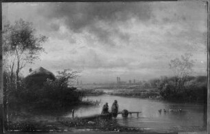 Isarauen mit Silhouette Münchens von Südosten