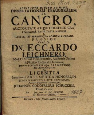 Dissertationem Inauguralem De Cancro