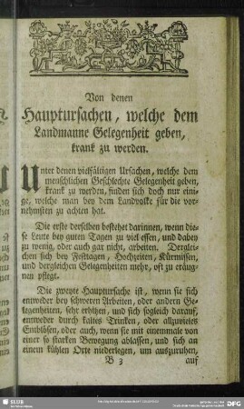 Von denen Hauptursachen, welche dem Landmanne Gelegenheit geben, krank zu werden
