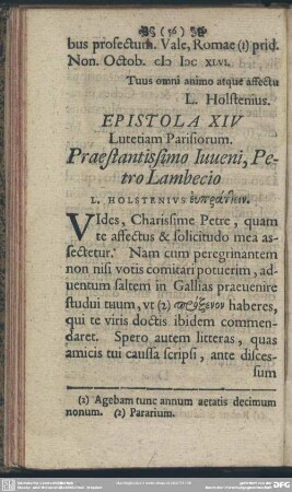 Epistola XIV Lutetiam Parisiorum. Praestantissimo Iuveni, Petro Lambecio