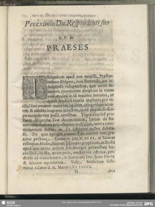 Pereximio Dn. Respondenti suo S.P.D. Praeses