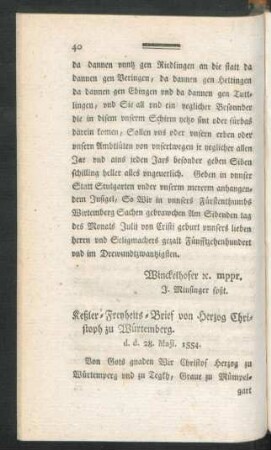 Keßler-Freyheits-Brief von Herzog Christoph zu Würtemberg ...