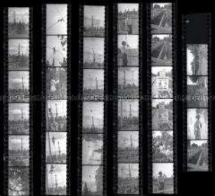 Schwarz-Weiß-Negative mit Aufnahmen der von Amerikanern gebauten Stubenrauchbrücke über dem Teltowkanal und sowie Aufnahmen von der Camilla Mayer-Hochseiltruppe auf einer Veranstaltung unterm Berliner Funkturm