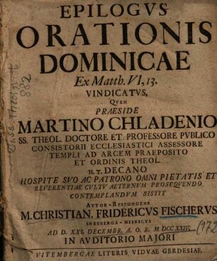 Epilogvs Orationis Dominicae Ex Matth. VI, 13. Vindicatvs