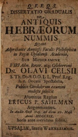 Diss. grad. de antiquis Hebraeorum nummis