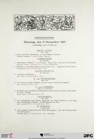 Versteigerung: Dienstag, den 9. November 1915 vormittags von 10 Uhr ab (Nr. 1-176)