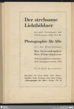 Der strebsame Lichtbildner [Werbung für "Photographie für alle"]