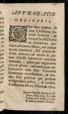 Approbatio Ordinarii; Facultas Admodum Reverendi ...