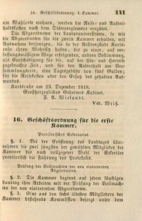 16. Geschäftsordnung für die erste Kammer