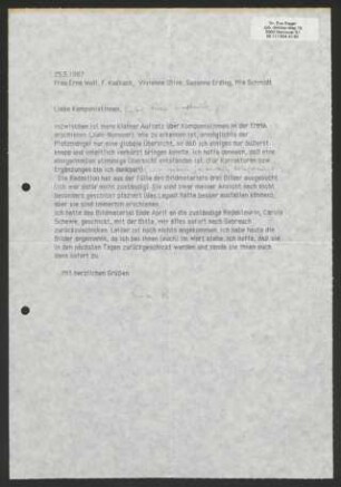 Brief: Eva Rieger an Felicitas Kukuck, 25.05.1987