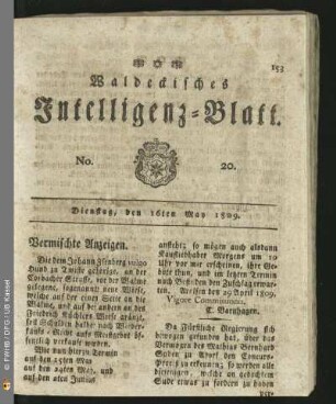 No. 20. Dienstag, den 16ten May 1809