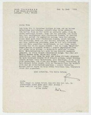 Brief von Raoul Hausmann und Hedwig Hausmann an Vera Hausmann. Limoges