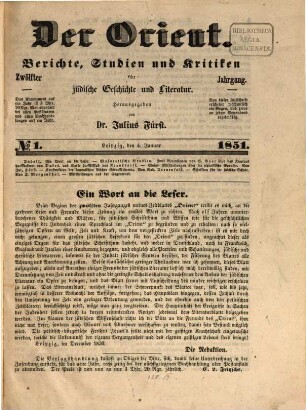 Der Orient : Berichte, Studien und Kritiken für jüdische Geschichte und Literatur. 12. 1851