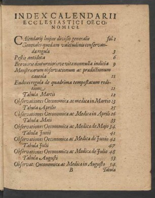 Index Calendarii Ecclesiastici Oeconomici.