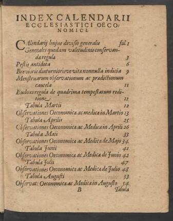 Index Calendarii Ecclesiastici Oeconomici.