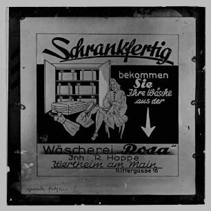 Werbung "Schrankfertig bekommen Sie Ihre Wäsche aus der Wäscherei Rosa, Inh. R. Hoppe, Rittergasse 16 in Wertheim"