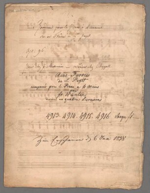 Variations, pf 4hands, op. 96/1, C-Dur, Excerpts - BSB Mus.Schott.Ha 4712-2 : [title on p. 1, autograph:] Rondeau pour le Piano á 4 mains // sur un Thême de L. Puget. // op: 96. // Paris chez J. Meissonnier _ Londres chez Chappell. // [publisher's additions:] Airs Favoris // de L Puget // composés pour le Piano a 4 mains // par // Fr Hünten // divisés en quatre Livraisons // 4913. 4914. 4915. 4916 chaque f 1 - // Zum Erscheinen d 6 Jan 1838