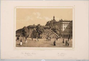 Die Treppe zur Brühlschen Terrasse in Dresden, Blick vom Schlossplatz auf das Fürstenbergische Haus (Finanzhaus) und das Palais Brühl