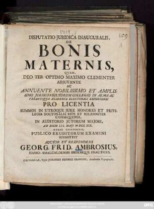 Disputatio Juridica Inauguralis, De Bonis Maternis